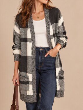 Grey Buffalo Plaid Open Front Long Cardigan Sweater Cottagecore Size L